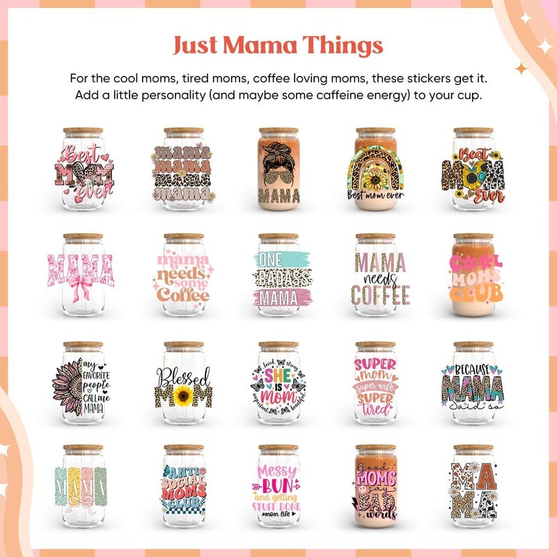 KACIOLA STUDIO Mama UV DTF Cup Wraps for 16 oz-20 Sheets Mom Theme Cup Wraps, Mama Club UV DTF Decals Waterproof Rub on Transfer Stickers for DIY Mug Glasses - Image 2